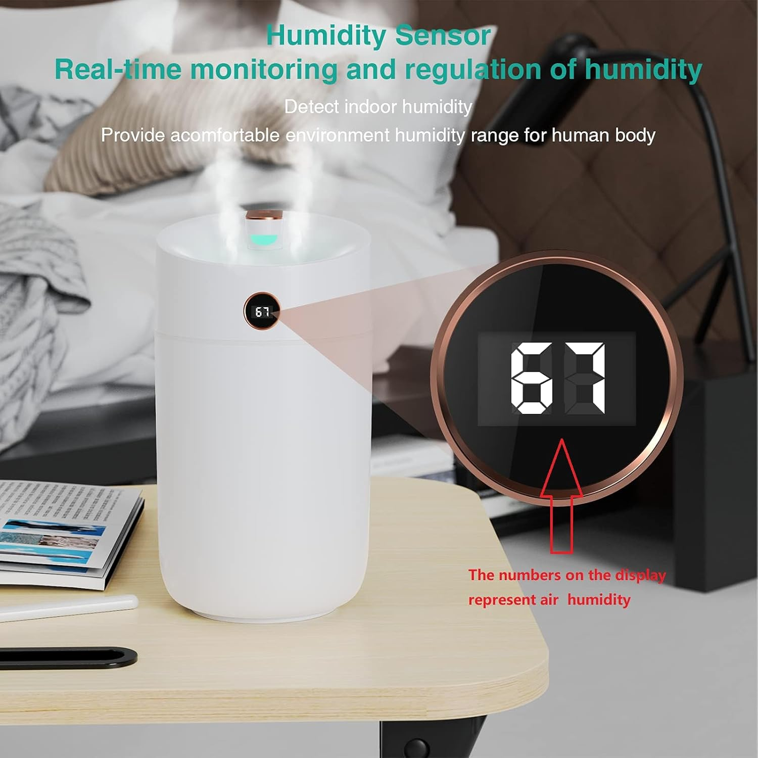 Air Humidifier for Bedroom, 3L Cool Mist Humidifier with Humidity Monitoring Top Fill, Quiet Operation, 7 Color Night Light Function, Auto Shut-Off, Double Nozzle, White image number 4