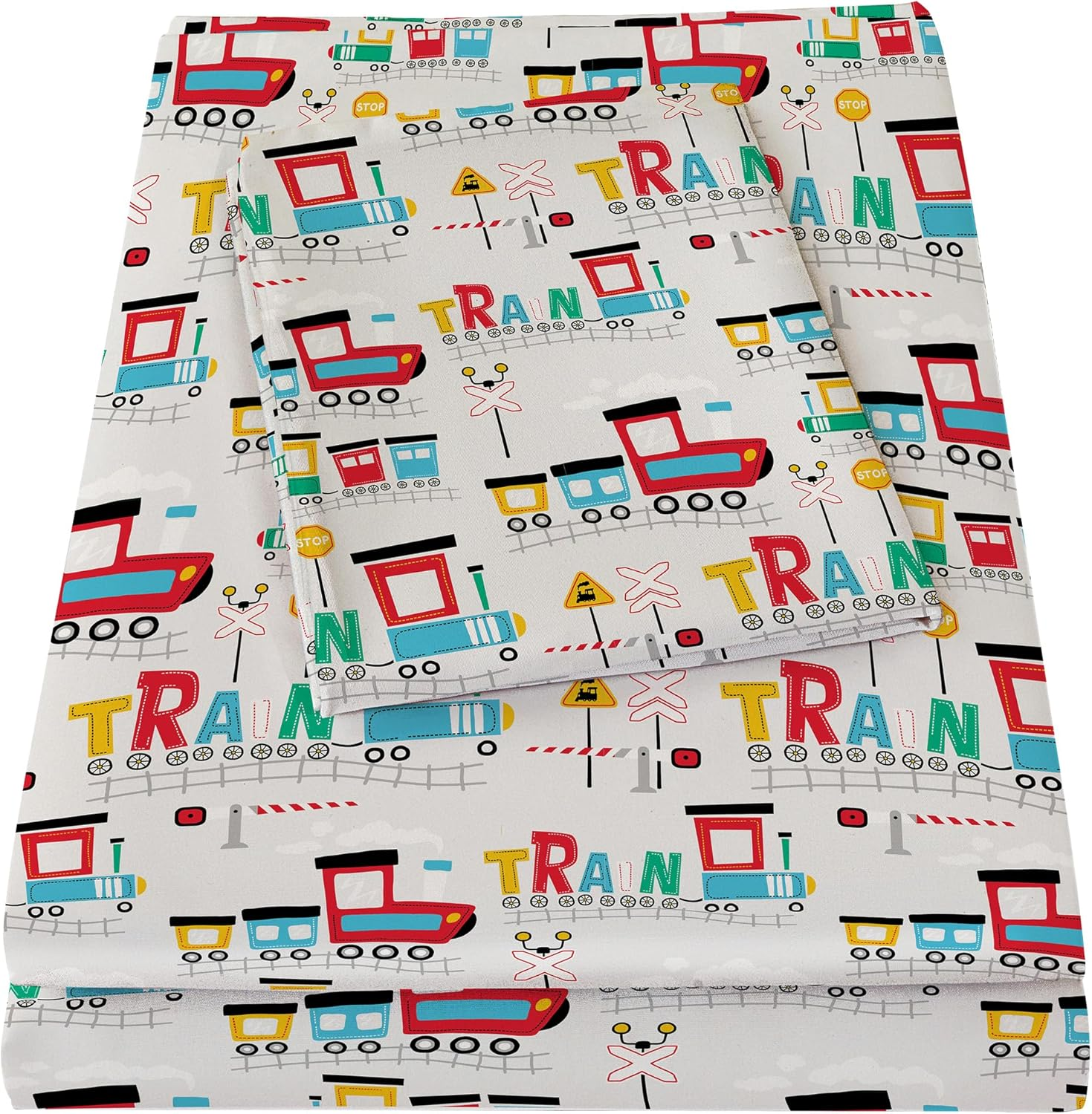 Bedmoon Boys Twin Sheets, Kids Car Truck Soft Microfiber Twin Sheets & Pillowcases with Elastic Corner Straps, White