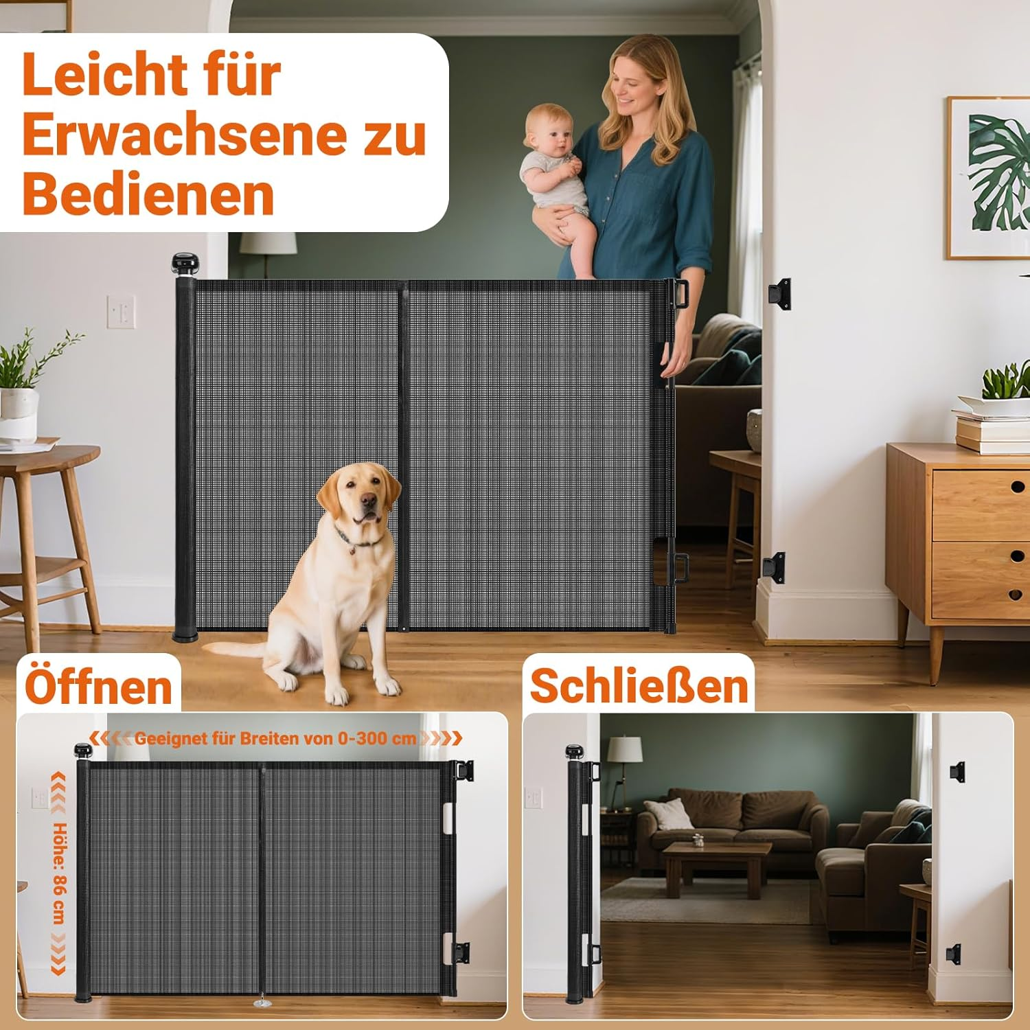 Ycozy 300Cm Retractable Baby Gate for Pet Child with Reinforced Bar Design to Prevent Crawling through 86Cm Tall Mesh Dog Safety Gate for Stairs Doorways Indoor image number 4