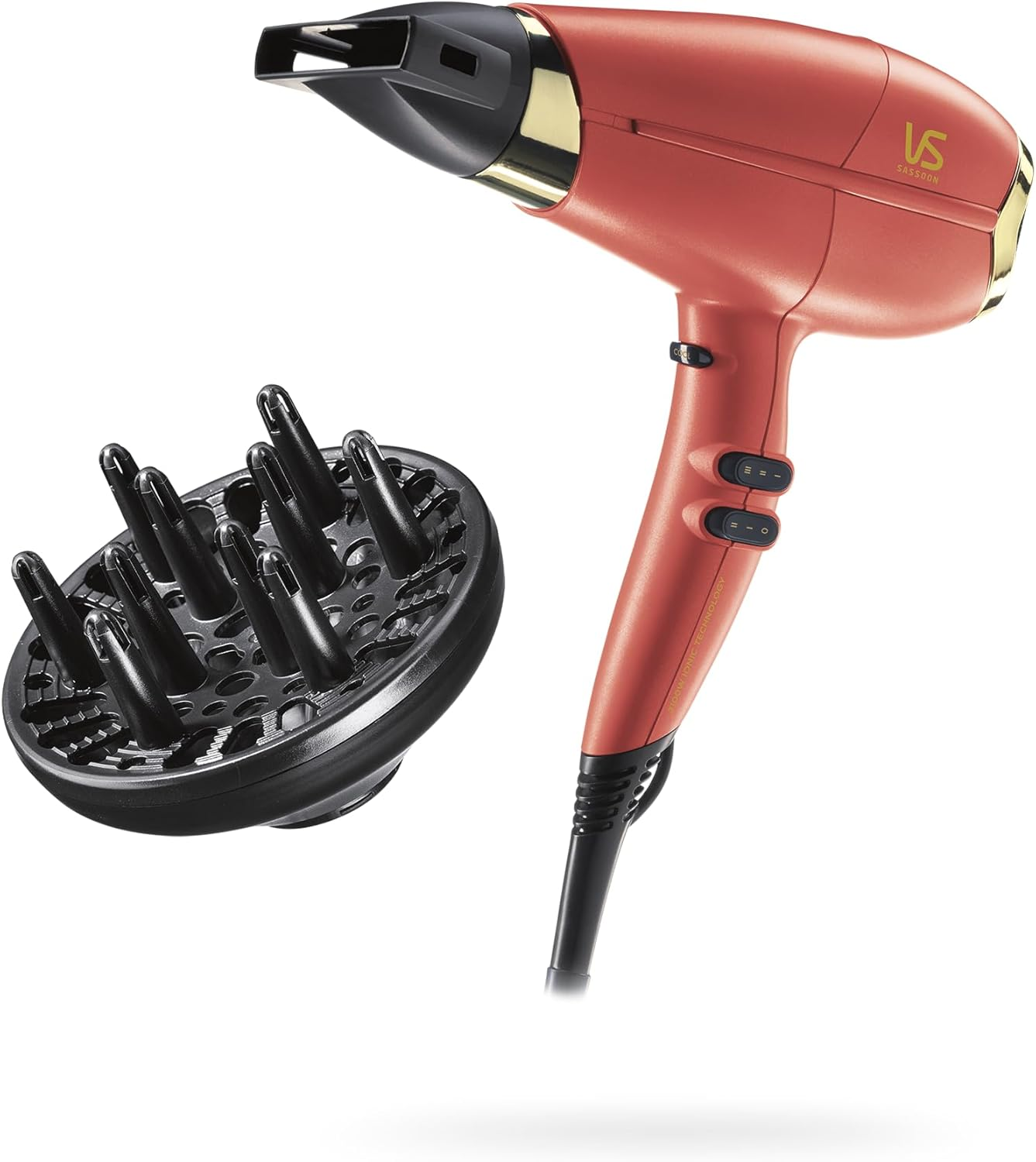 VS Sassoon Enrich Salon Hair Dryer, HTDC Motor, 2100 Watts, 3 Heat & 2 Speed Settings, Cool Shot, Triple Infused Technology, Almond, Keratin & Ceramic for Smooth Shiny Results. Includes Concentrator & Diffuser. Coral (VSD5126CA) image number 1
