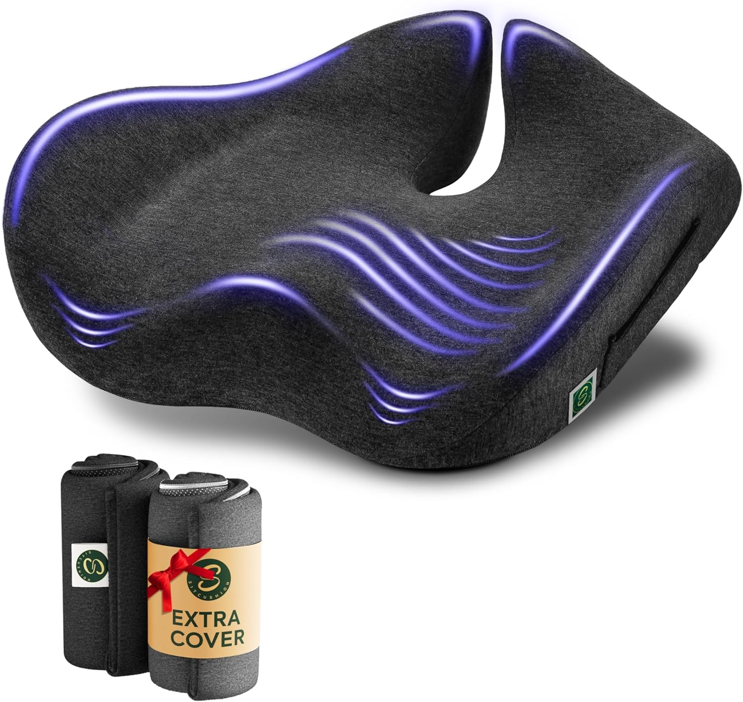 Pressure Relief Seat Cushion for Tailbone Pain &ndash; X Large Office Chair Cushion for Back Pain, Coccyx & Sciatica Pain Relief Pillow. Memory Foam Seat Cushions for Office Chairs. Extra Cover (Black)