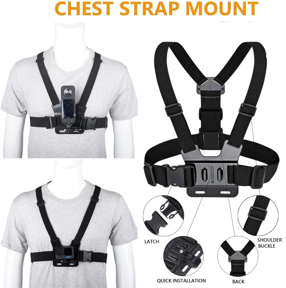 YEHOLDING Action Cam Mount Kit for Insta360 X4/X3/X2/Ace Pro/Ace, Backpack Clip, Chest Strap, Head Strap, Floating Mount, Black, Compatible with Gopro Hero, SJCAM (Pack of 10) image number 3
