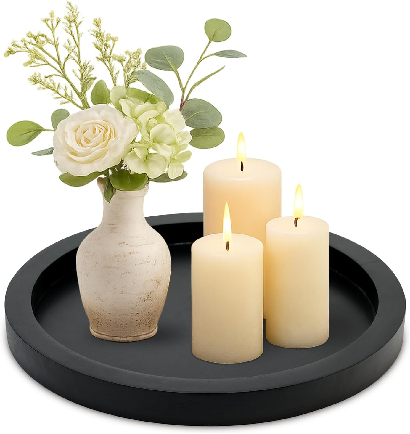 Rustic Decorative Wooden Serving Tray Home Decor round Ottoman Coffee Table Trays Farmhouse Living Room Dinner Table Centerpiece Accessories Wood Candle Holder Tray for Kitchen Counter Bathroom Vanity