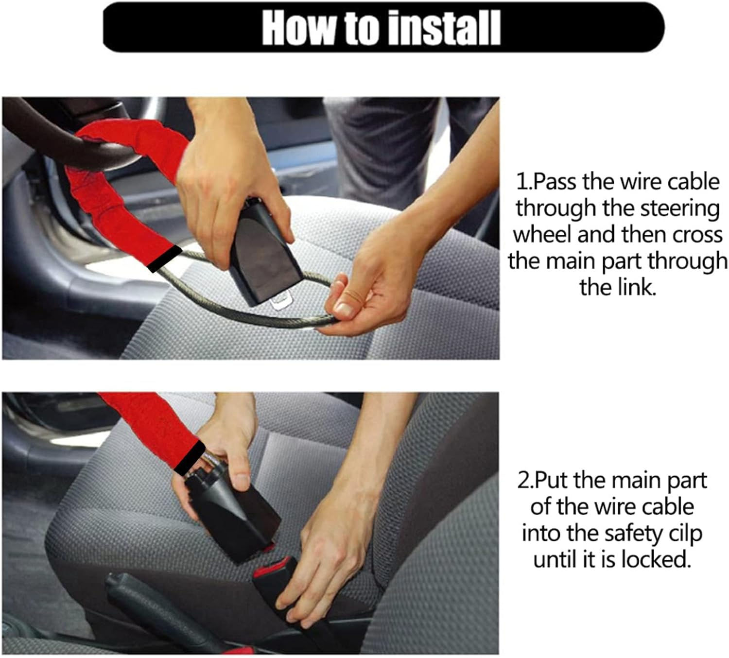 Car Steering Wheel Lock, Seat Belt Lock, Anti-Theft Device, Max 17 Inch Length, Small and Light-Weight, Multi-Functional, Fit Most Vehicle, SUV, Golf Cart Security Red-Black image number 4