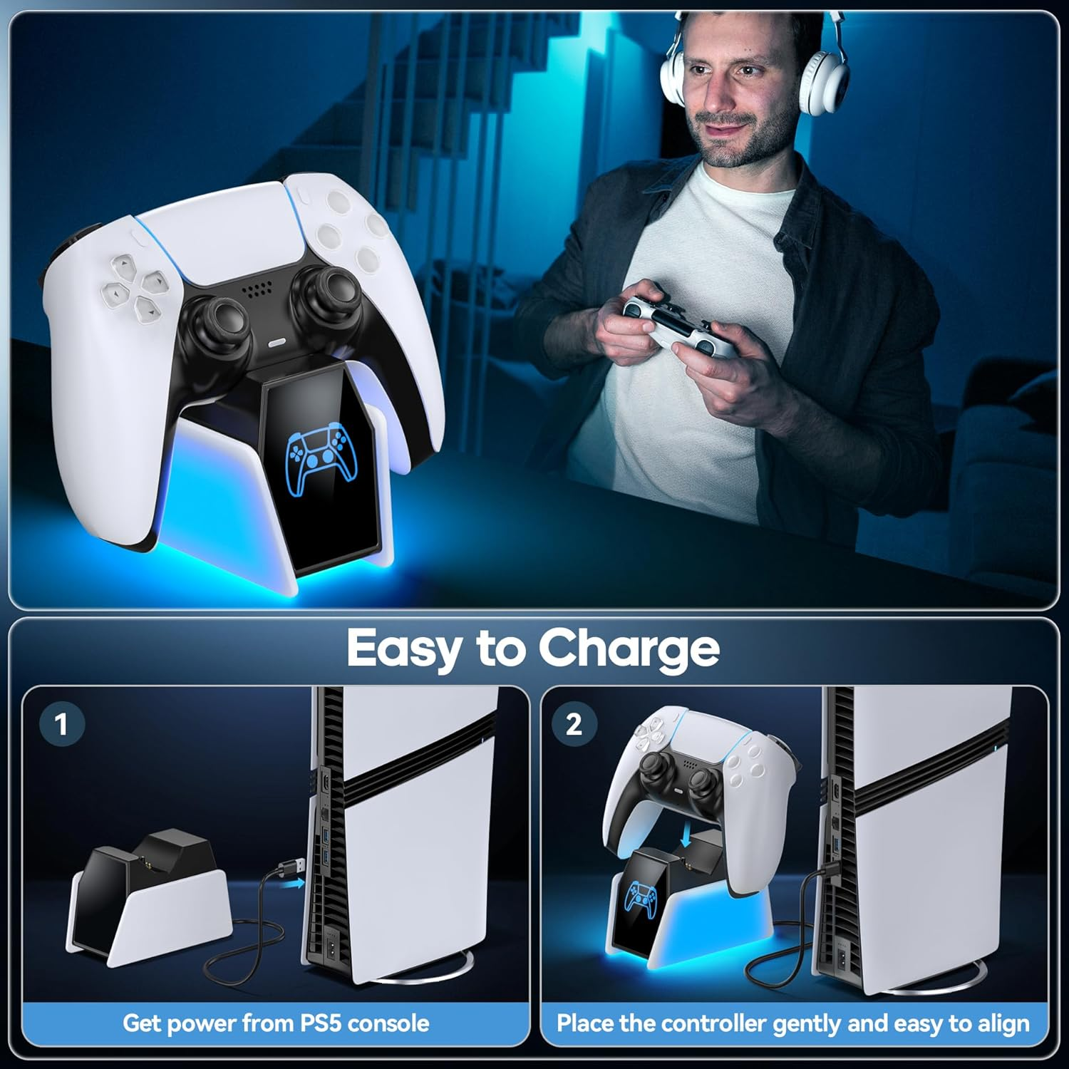 PS5 Controller Charger, Single PS5 Charging Station Compatible with Dualsense & Edge Controller, Solo Charger with LED Indicators, Fast PS 5 Charging Dock, PS5 Accessories