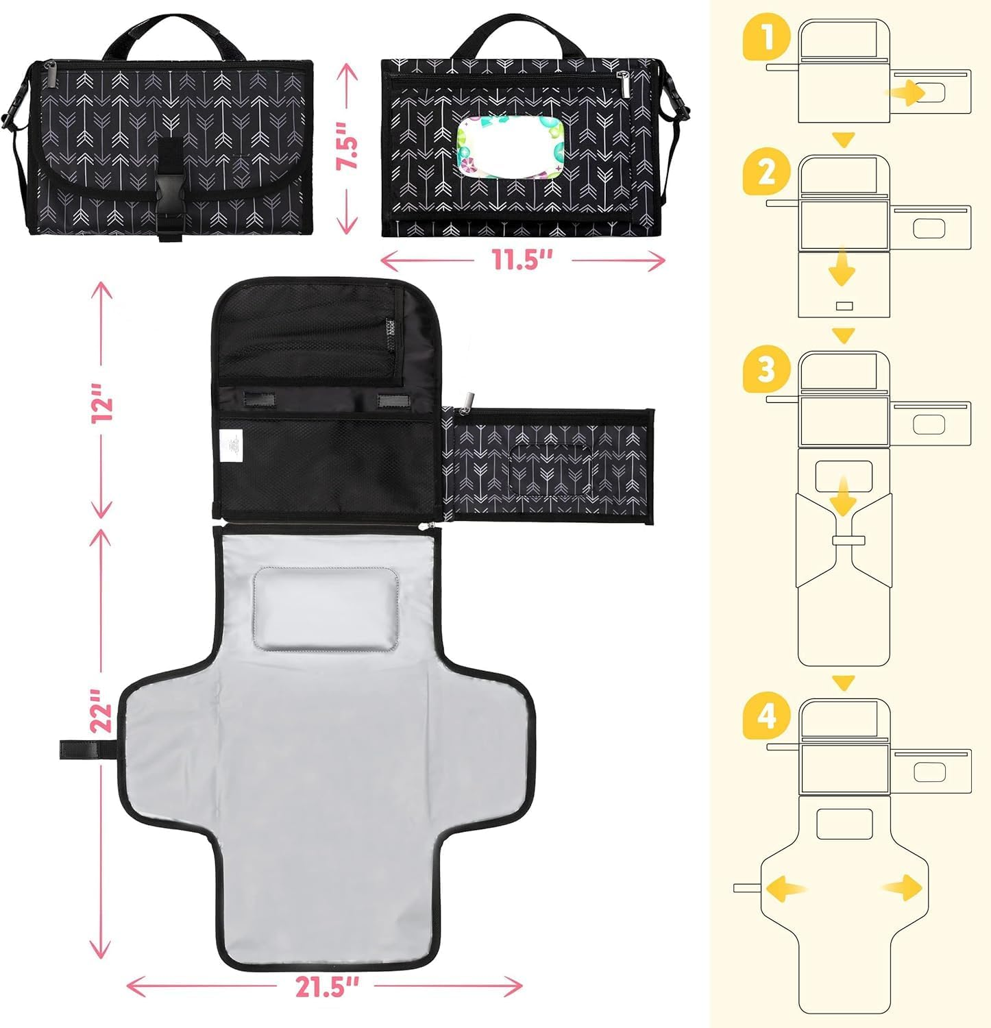 Portable Diaper Changing Pad for Baby, Portable Changing Pad for Newborn Girl & Boy, Waterproof Baby Changing Mat, Foldable and Detachable Diaper Changing Station with Baby Wipes Pockets, Baby Gift image number 2