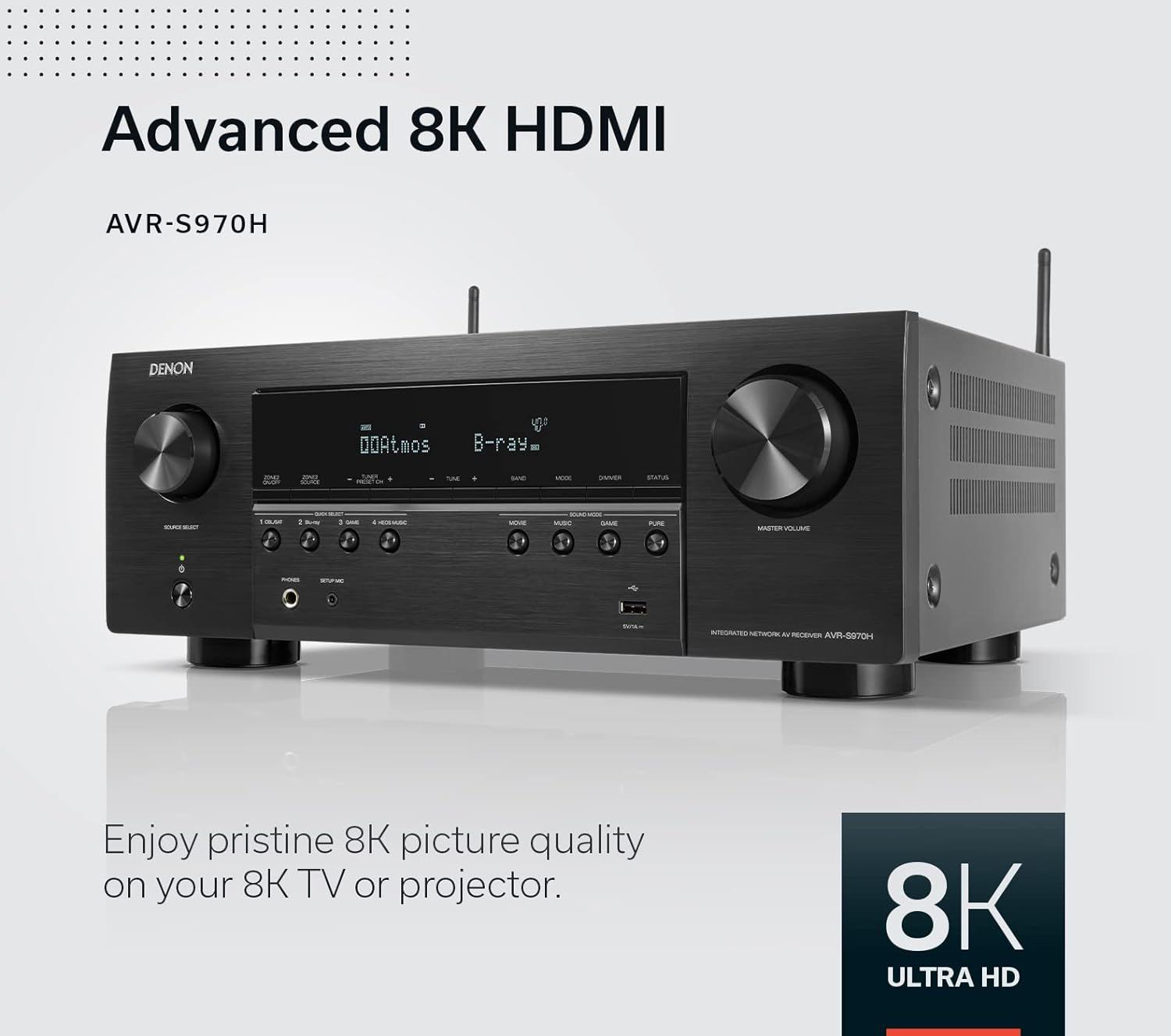 Denon AVR-S970H 8K AV Receiver | 7.2Ch Home Cinema Amplifier | Dolby Atmos | DTS:X | Dolby Surround Sound | and DTS Neural:X | Alexa Compatible | Bluetooth | Airplay 2 | HEOS Built-In Multiroom Audio image number 1