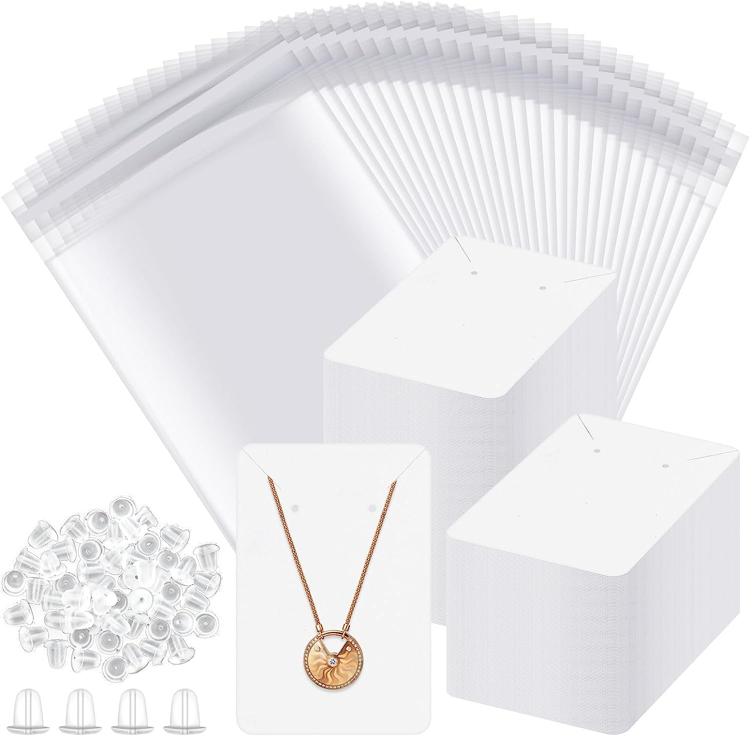 Hilitchi 550Pcs Square Earring Kit - 150Pcs 3.5"X2.4" Necklace Display Cards, 200Pcs Earring Backs, 200Pcs Self-Sealing Bags (Black/White/Brown)