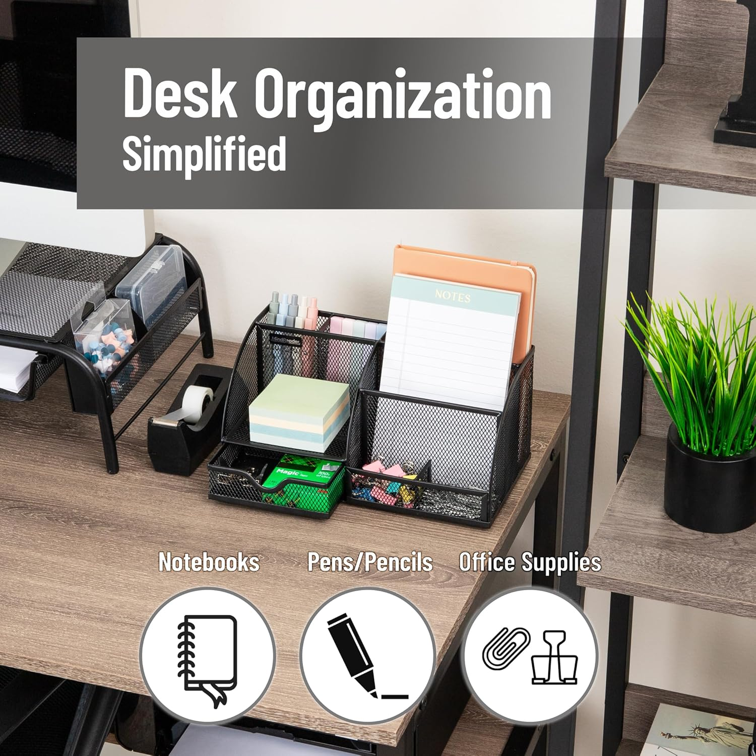Mind Reader Desktop Organizer, File Storage, Accessory Storage, Workspace, Office, Metal Mesh, 11" L X 5.5" W X 5.25" H, Black image number 1