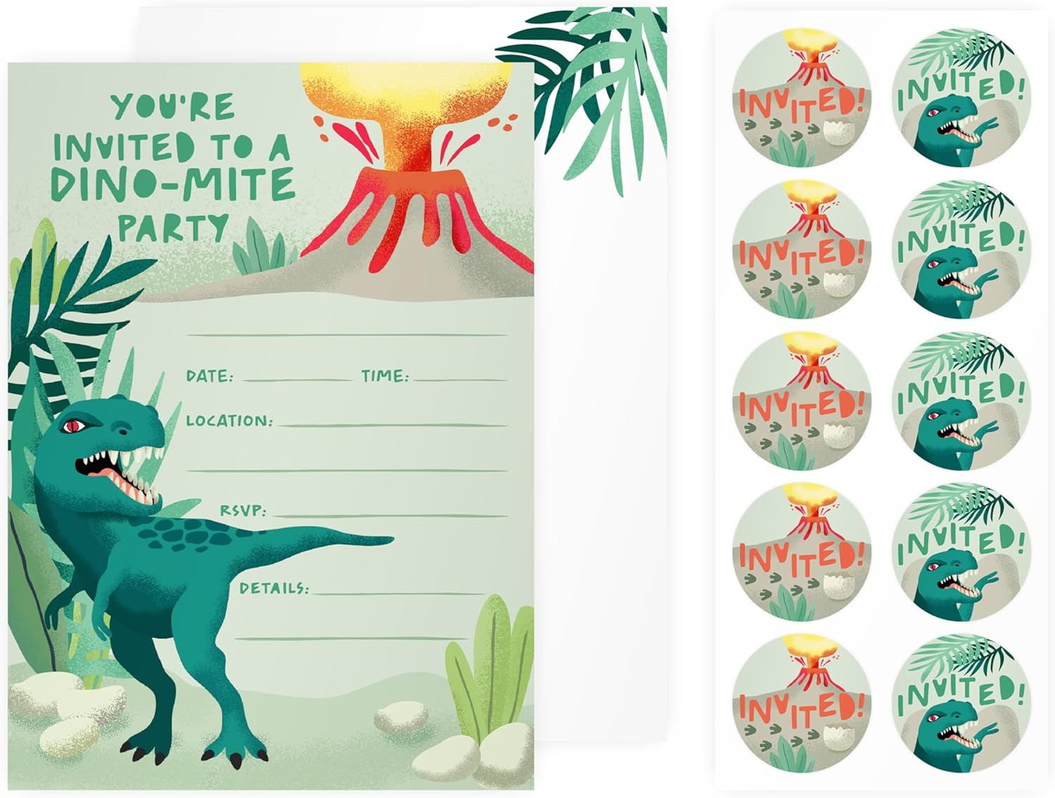 Rileys & Co. 50-Pack Dinosaur Party Invitations for Kids &ndash; 5 X 7 Inches &ndash; Premium Quality Cards with Matching Envelopes & Stickers &ndash; the Ultimate Prehistoric Invite for Roaring Celebrations image number 2