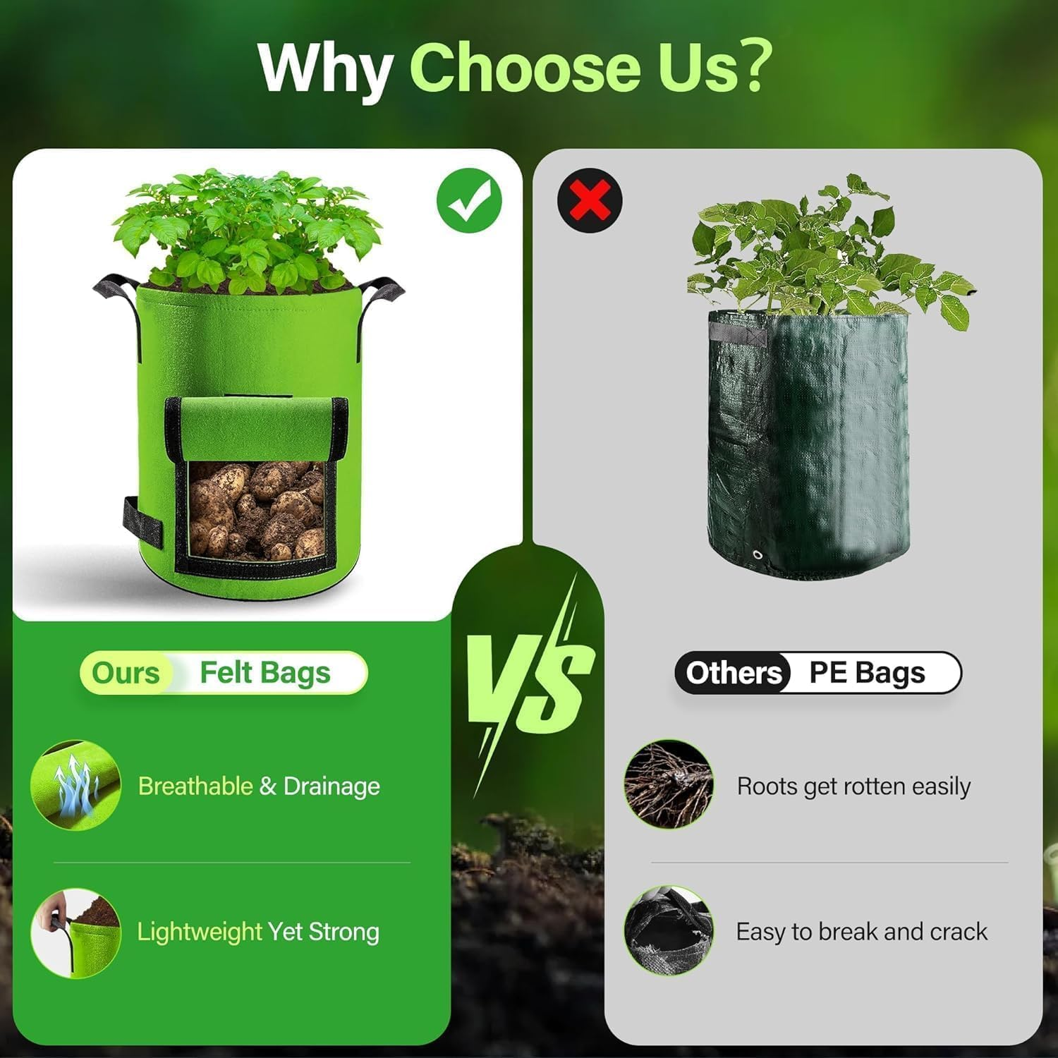 6 Pack，10 Gallon Potato Grow Bags，Potato Bags for Growing Potatoes,Garden Planting Pot with Durable Handle and Harvest Window, Thickened Nonwoven Fabric Container for Potato, Tomato, Carrot 35*35*40Cm image number 5