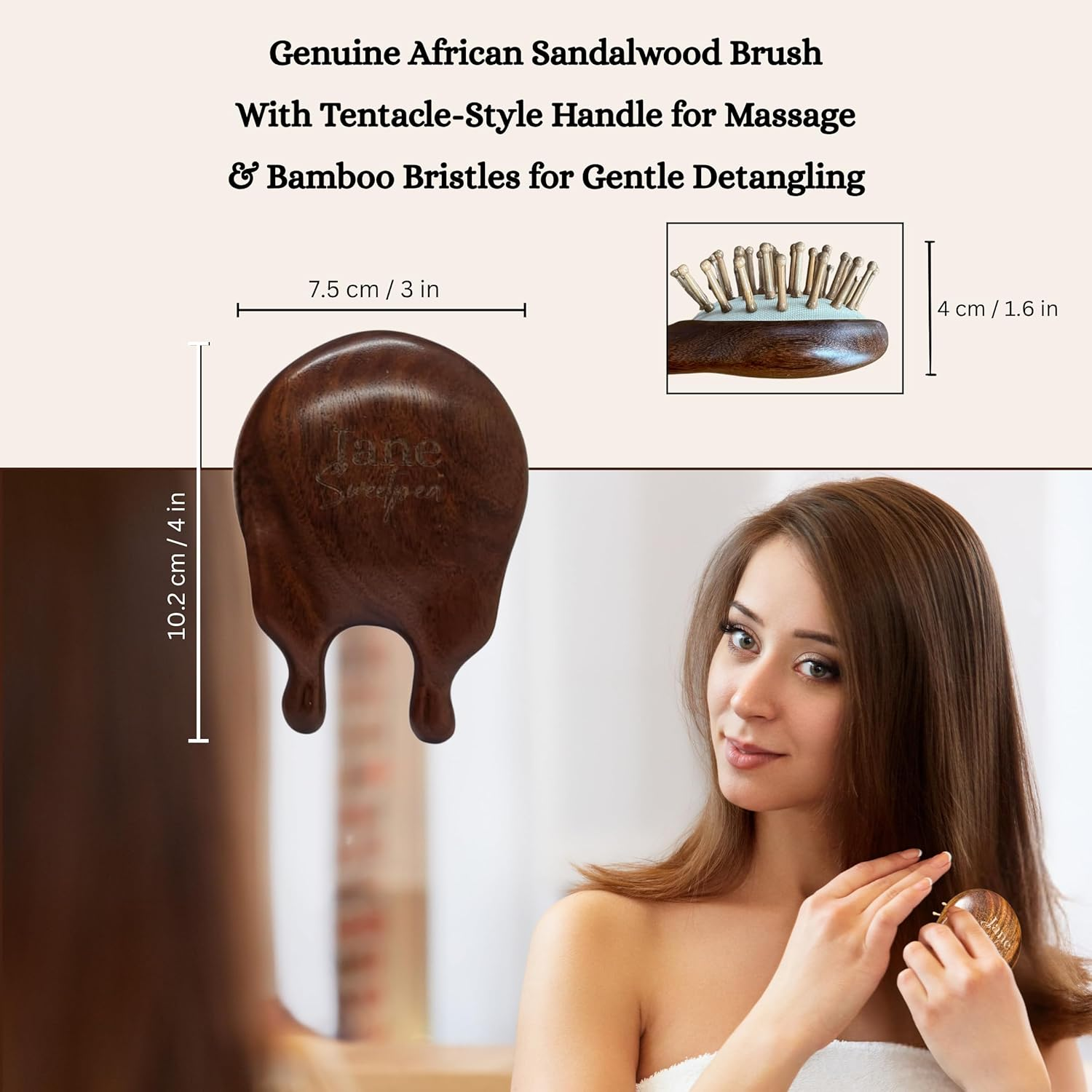 Jane Sweetpea Sandalwood Scalp & Facial Massage Brush with Bamboo Bristles &ndash; Compact Wooden Detangler, Anti-Static, Eco-Friendly, Natural Jute Storage Bag image number 4