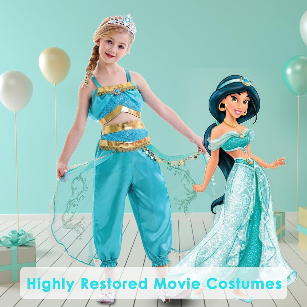 AUTOWT Belly Dance Jasmine Costume, Sequined Princess Dress up Cosplay Aladdin Halloween Party Sleeveless Arabian Outfit Dress Cyan Skirt for Girls image number 2