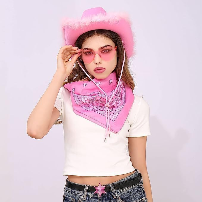 Jevenis Cowgirl Hat Cowboy Hat Women Western Cowgirl Hat with Feathers Bandana Heart Shape Sunglasses for Bachelorette Party Halloween Birthday image number 1
