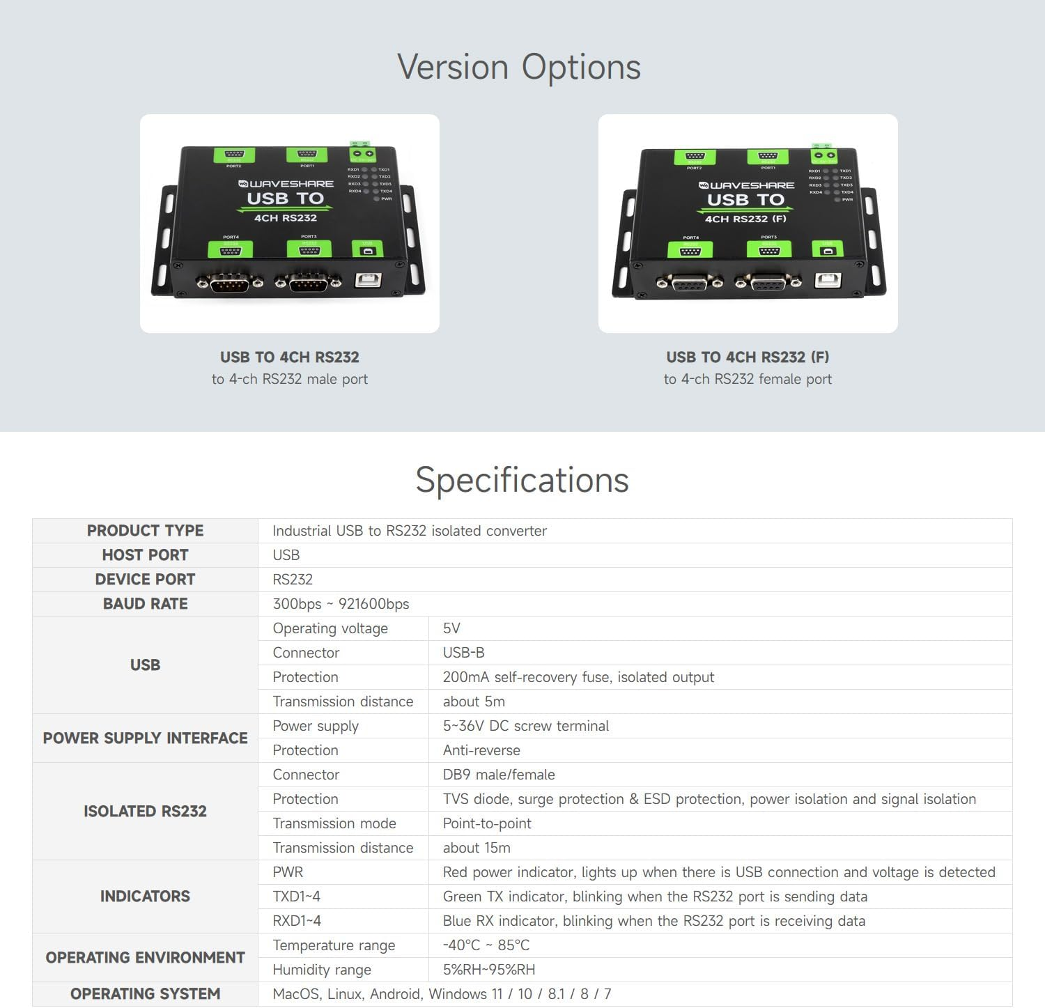 Waveshare Industrial Isolated USB to 4CH RS232 Converter (DB9 Female Interface), Adopts Original FT4232HL Chip, Features High-Speed&Stable Communication, Compatible with Mac/Linux/Android/Windows... image number 2