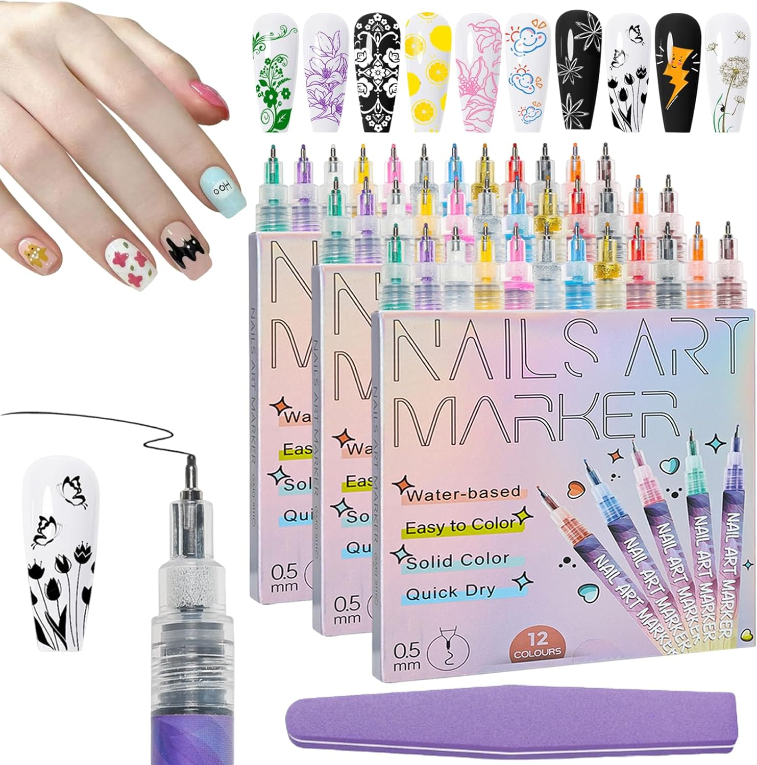 GOOTEGAX 12 Colors Nail Art Pens Set, 3D Nail Art Markers for Kids, Quickly Dry Nail Polish Pens, Nail Doodle Pens for Girls, Nailart Marker Set for Polishing, Dotting, Painting Liner Diy(4Pcs)