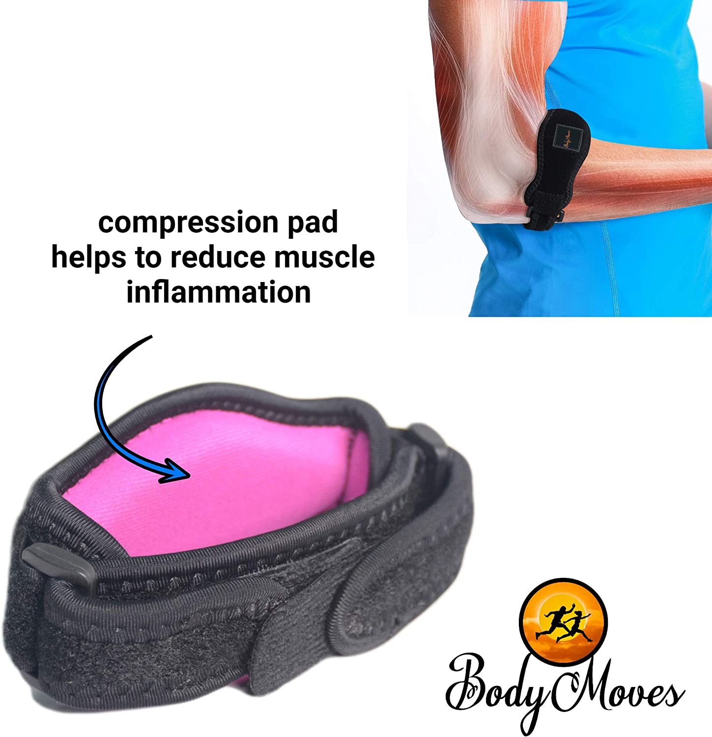 Bodymoves Tennis Elbow Brace (2 Pack) plus Hot and Cold Gel Pack (Active Blue) - Sporty Pink image number 4