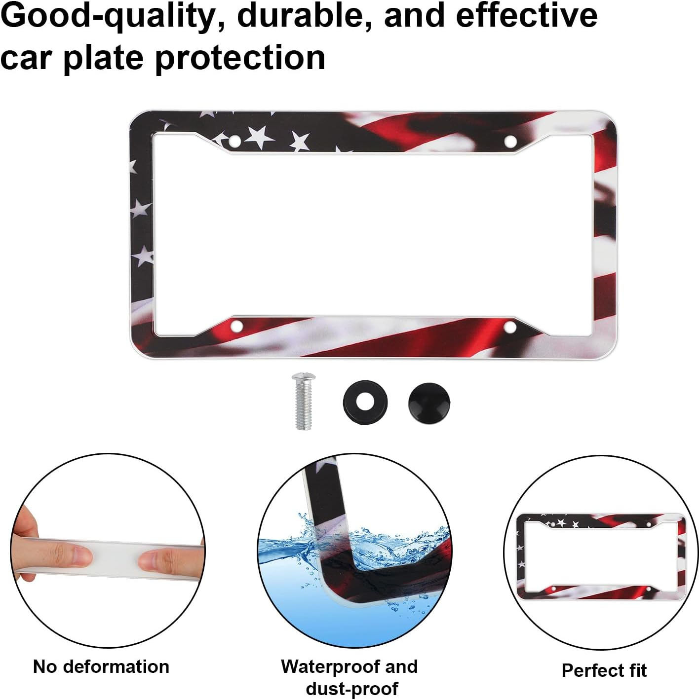 2Pcs Universal American Flag Car Plate Frame, Matte Stripe Design Aluminum Alloy Car Tag Holder with 4-Hole Mounting Includes Screws Caps & Nuts for Men Women image number 1
