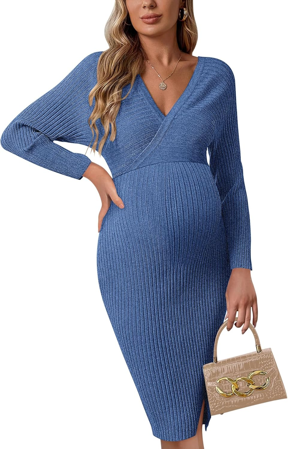 Guruixu Wrap V Neck Maternity Sweater Dress Rib Knit Batwing Open Back Slit Pregnancy Dresses Baby Shower Photoshoot Outfit