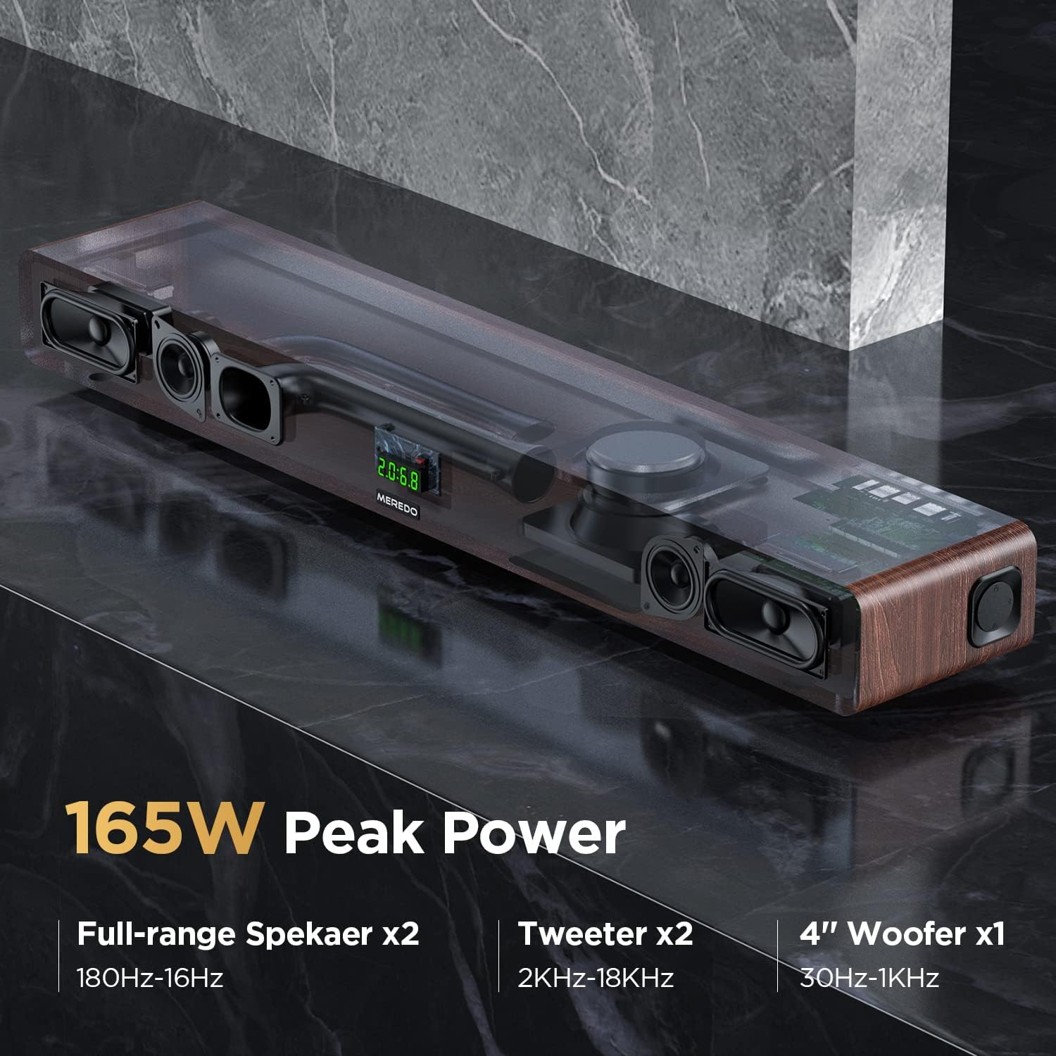 Sound Bar Wooden MEREDO Soundbar for TV with Built-In Subwoofer 165W 2.1CH with ARC Cable 5 EQ Mode (Adjust Bass & Treble) BT 5.0/Optical/Aux for Home Theater- 31 Inch, D47 Plus image number 3