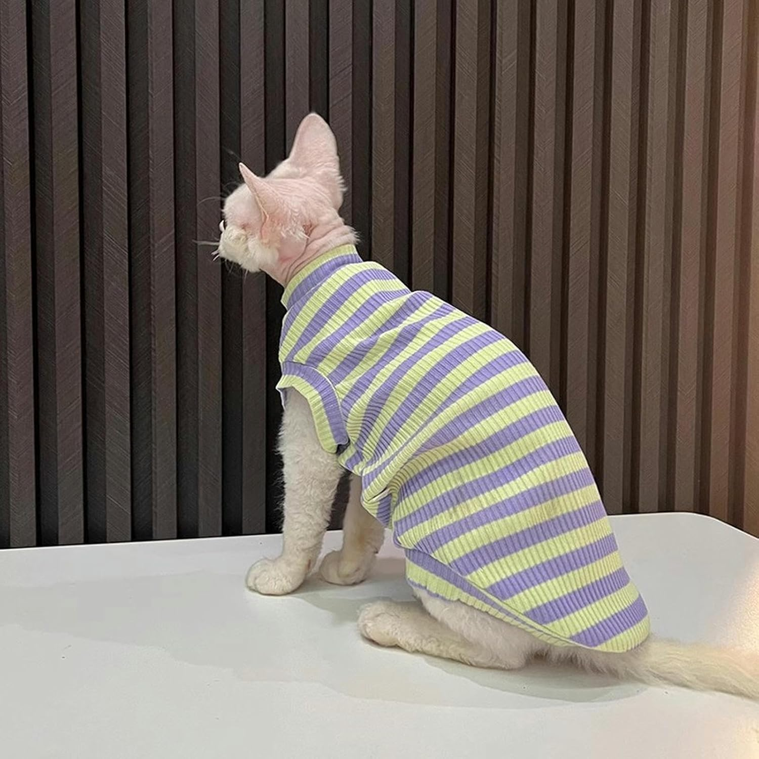 IUOUTG Sphynx Hairless Cats Clothes Striped Cat Shirts round Collar Cute Kitten T-Shirts Sleeveless Cotton Cats & Small Dogs Apparel for Cornish Rex, Devon Rex image number 5