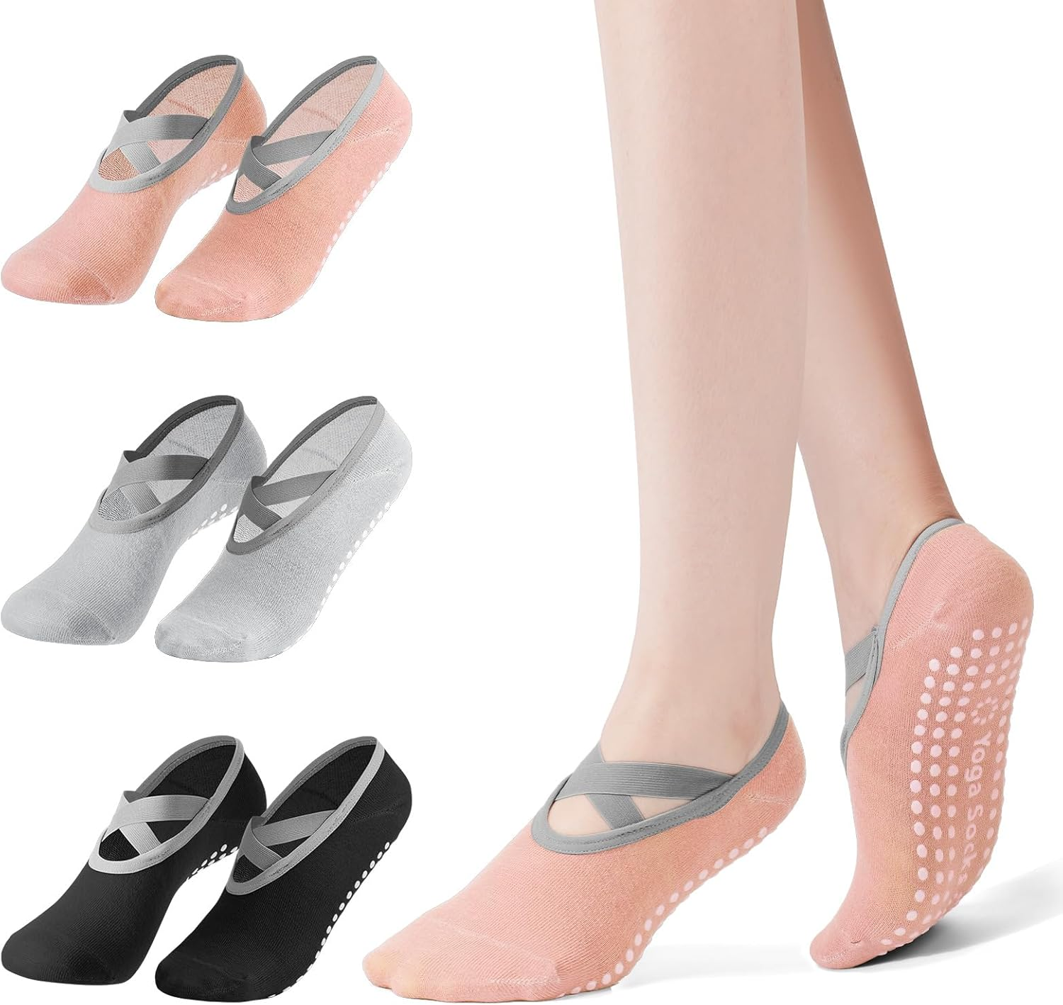 3 Pairs Pilates Socks with Cross-Straps for Women, Anti-Slip Pilates & Yoga Socks with Grips for Ygoa, Barefoot Exercises, Hospital, Indoor Workouts - Beige+Milk Tea+Grey image number 7