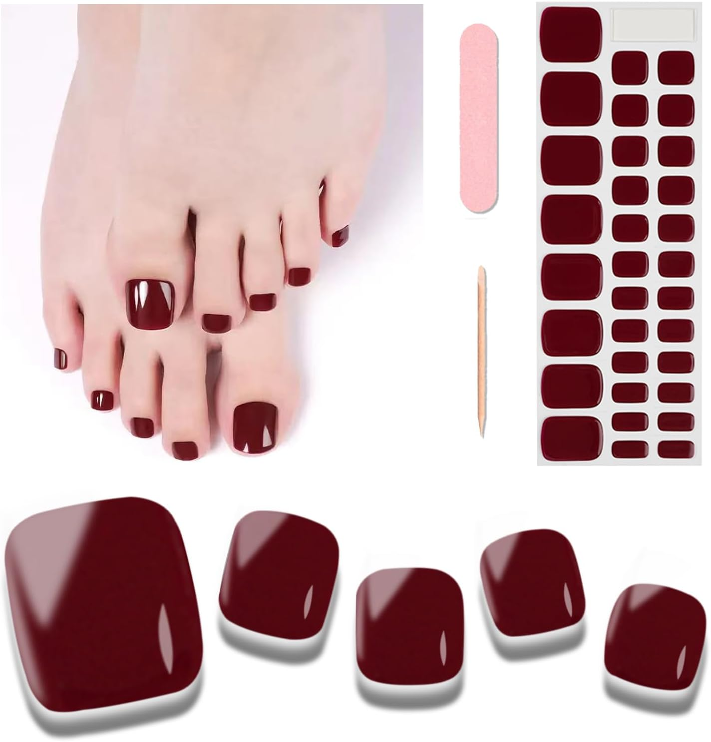 Wekcekcek Semi Cured Gel Toenail Strips, 32 Hazy Dark Night Toenail Stickers Pedicure Strips Salon Quality Nail Wraps with Nail File & Wood Stick(Uv/Led Lamp Required)