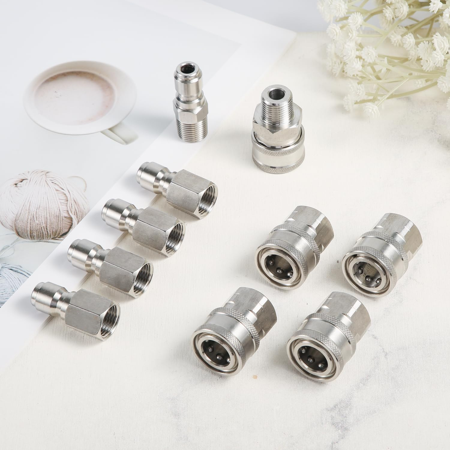 10Pcs Pressure Washer Fast Connect, 1/4In Pressure Washer Adapter Set Male & Female Thread Pressure Washer Fittings Stainless Steel Power Washer Accessories for Garden Hoses Pumps (Silver) image number 5