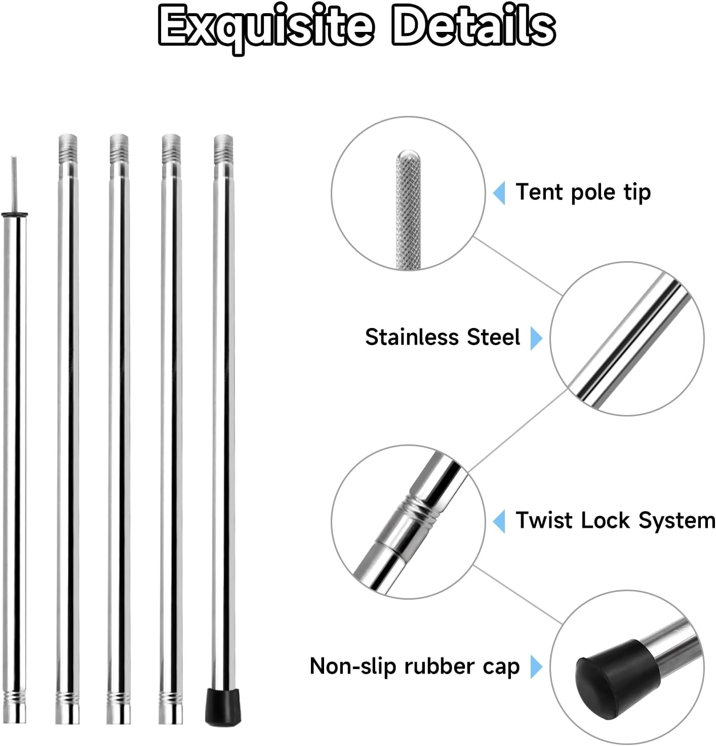 KOMCLUB Tarp Poles 198Cm/78.1In Adjustable Camping Tent Poles Sturdy Lightweight Stainless Steel Shade Pole for Awnings Canopy Rain Fly Shelter 19Mm Set of 2 image number 2