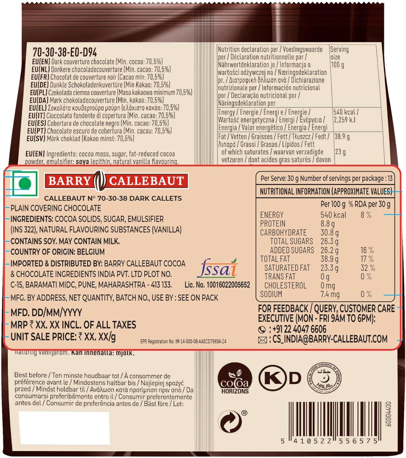 Callebaut Dark Chocolate Callets 70.5% 400G