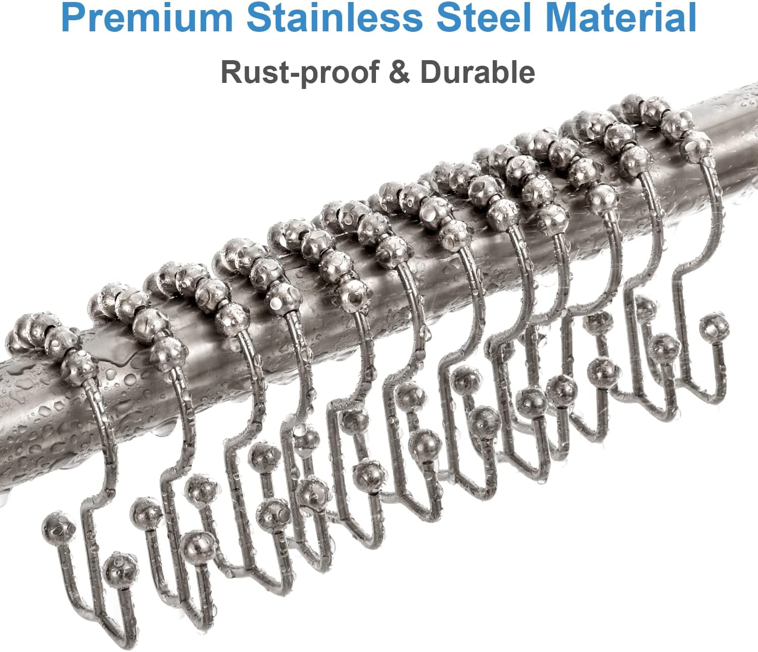 TENOVEL Never Rust 304 Stainless Steel Shower Rings, Heavy Duty Roller Double Glide Shower Curtain Hooks for Bathroom Shower Liners, Brushed Nickel, Set of 12 Hooks - Brushed Nickel image number 1