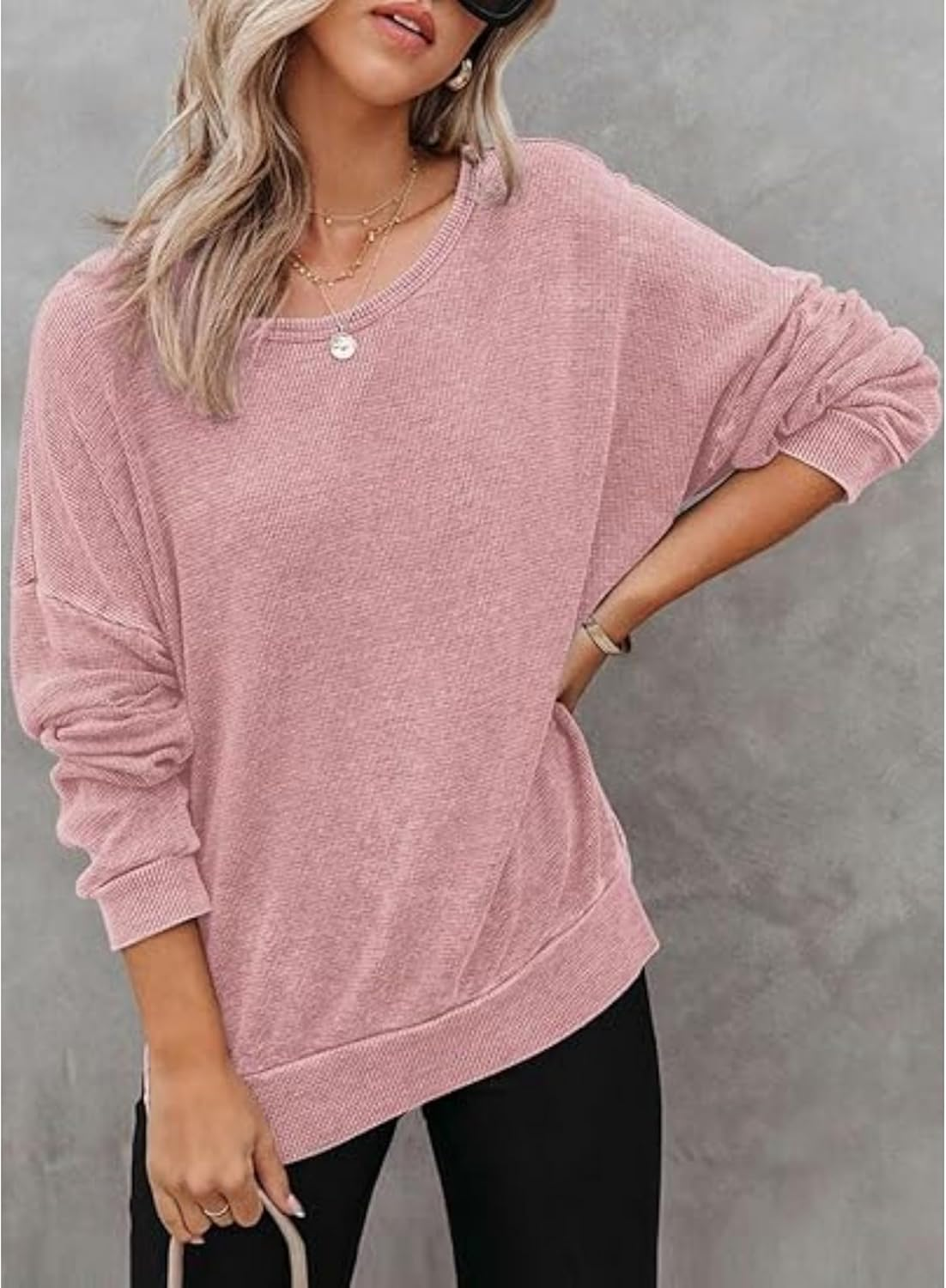 Waffle Knit Tops for Women Long Sleeve Shirts Side Slits Oversized Sweater Pullover Oversized Crewneck Sweatshirts image number 4