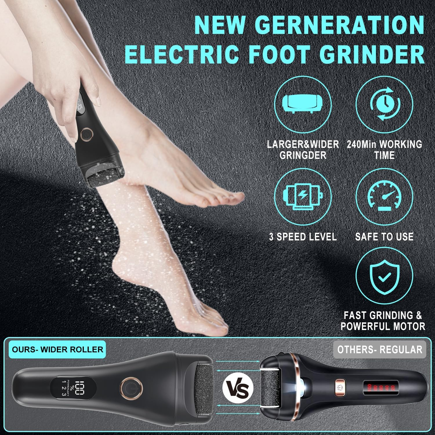 Callus Remover for Feet, Electric Foot Scrubber with Larger Grinder&Lcd Display,3 Speed Foot File Professional Pedicure Tools, Foot SPA to Remove Callus Cracked&Hard Dead Skin - Wet&Dry Using