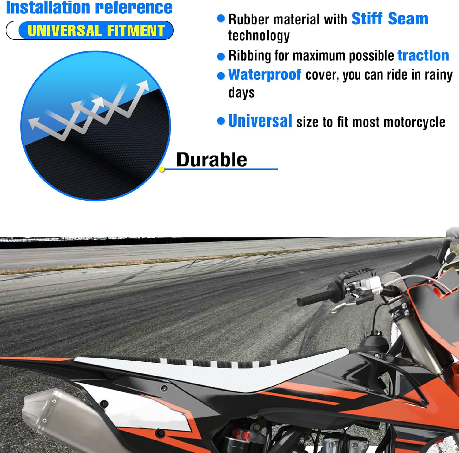 Universal Ribbed Dirt Bike Seat Cover - Gripper Soft Seat Cover for Most Dirt Pit Bike Motorcycle (White-Black) image number 3