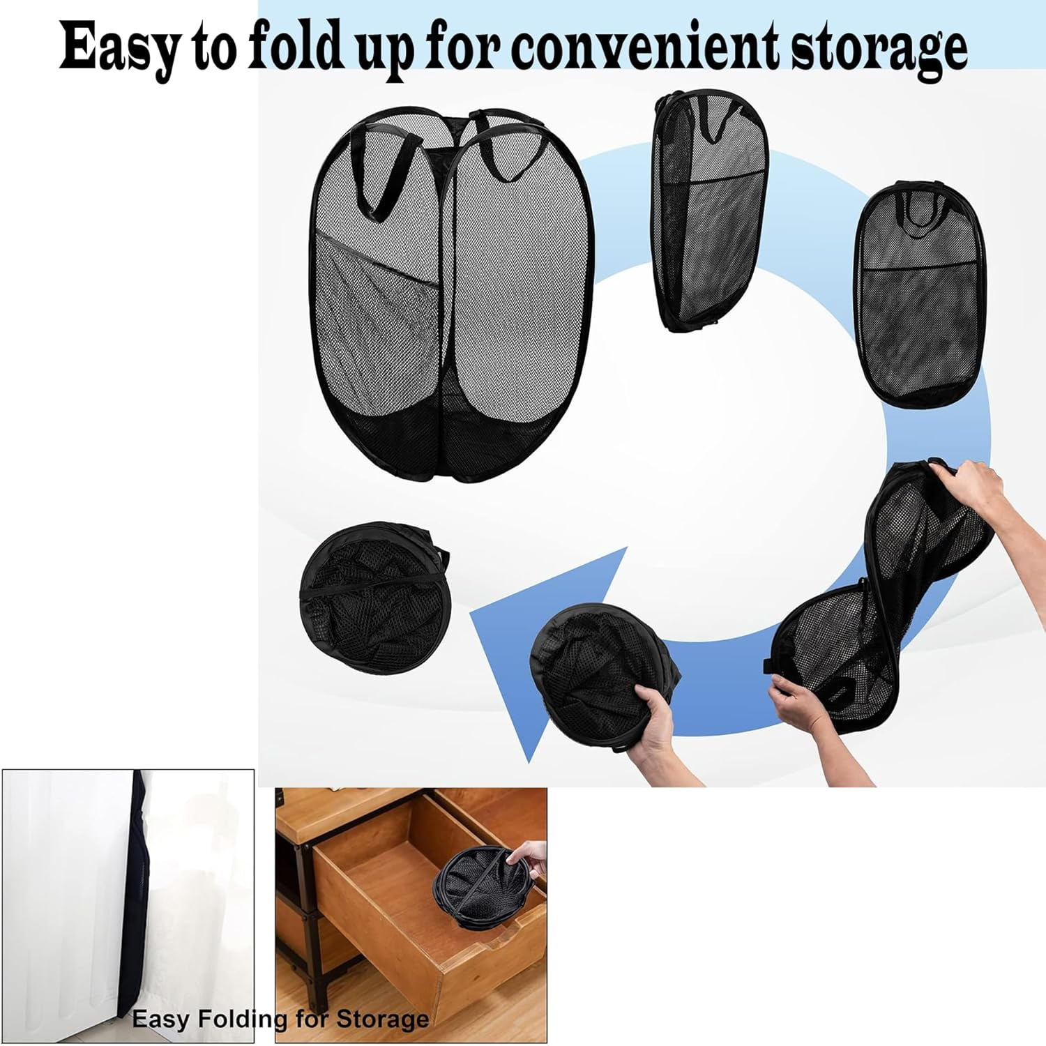 2PCS Collapsible Mesh Laundry Basket, Foldable Dirty Clothes Hamper for Temporary Storage, Pop-Up Basket for Toys, Clothes, and Home Organization, Black image number 1