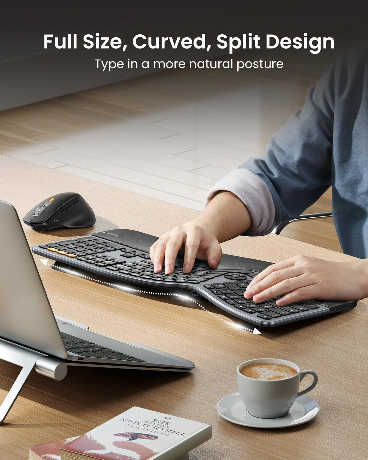 Protoarc Ergonomic Keyboard Mouse, Full Size Wireless Bluetooth Ergo Keyboard Mouse Combo, Cushioned Palm Rest, Split Design, Rechargeable, Compatible for Windows, Mac OS - Gray and Black image number 6