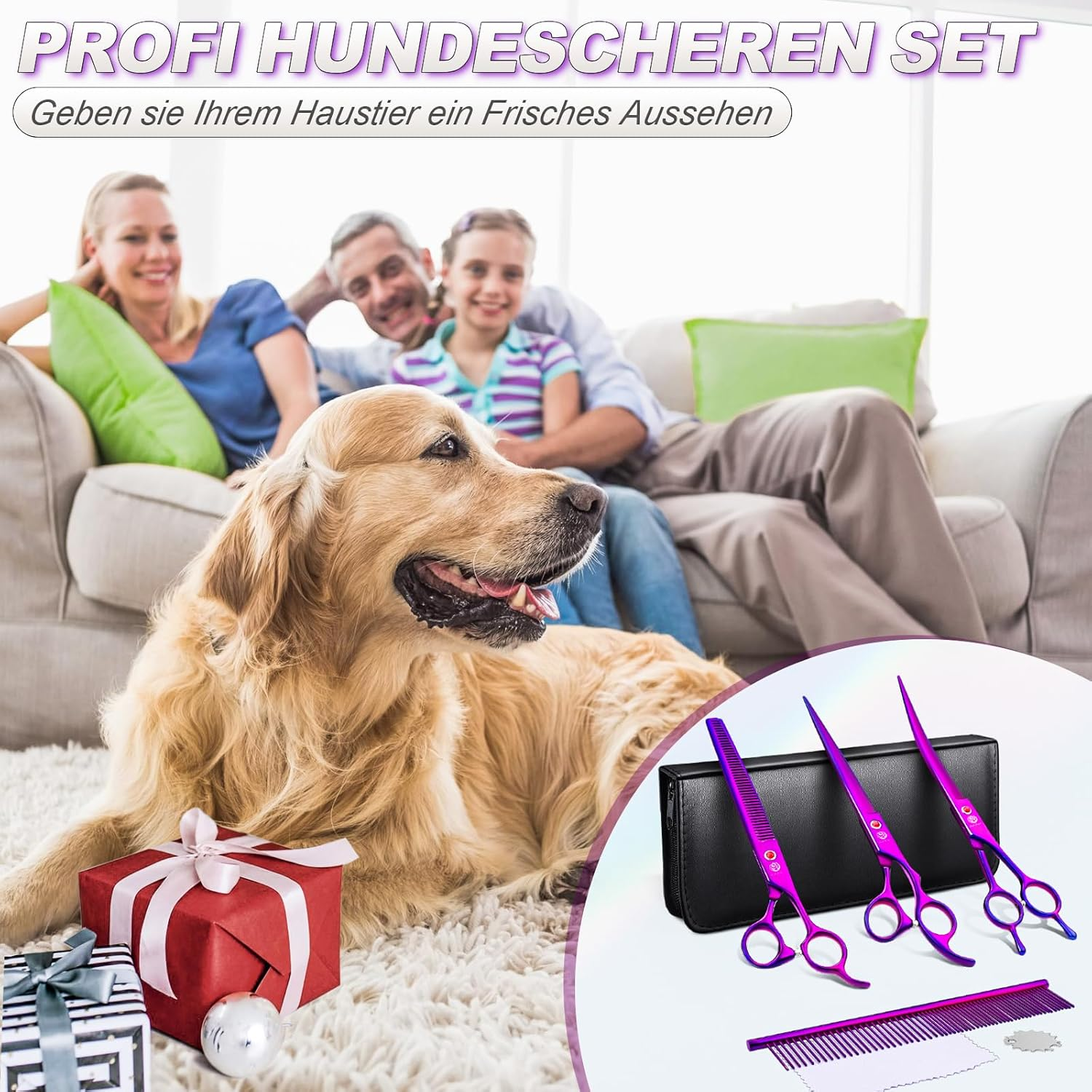 Purple Dragon 8 Inch Dog Scissors Set Professional 3-In-1 Fur Scissors Set for Dogs - Purple Dog Scissors Set Straight, Serrated and Curved Scissors Are Included for Dogs for Cats and Other Animals image number 1