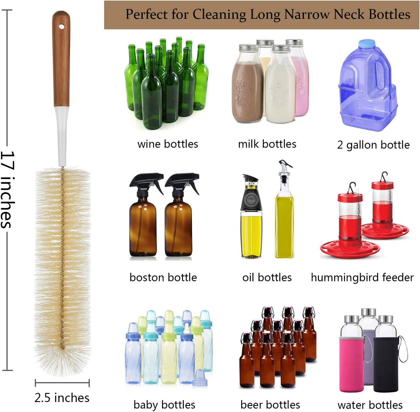 Alink 5-Pack Bottle Brush Cleaner - Long Bamboo Handle Water Bottle Straw Cleaning Brush for Washing Narrow Neck Beer Wine Decanter, Baby/Sports Bottle, Kombucha,Thermos, Contigo image number 5