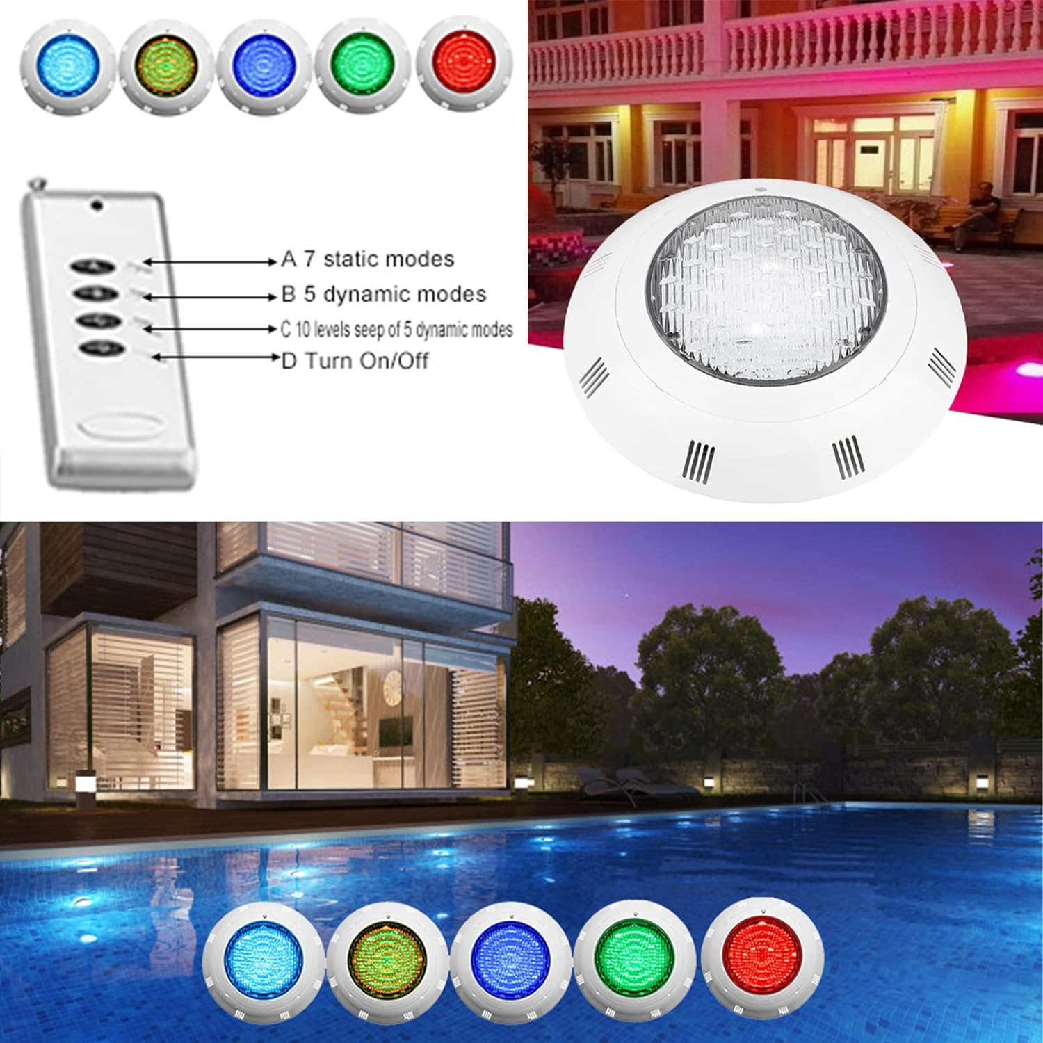Bewinner Multi-Color LED RGB Swimming Pool Light, 35W 360 SMD IP68 Waterproof Bead LED Light Adjustable, Underwater Lighting Decoration Landscape Lighting with Remote Control image number 4