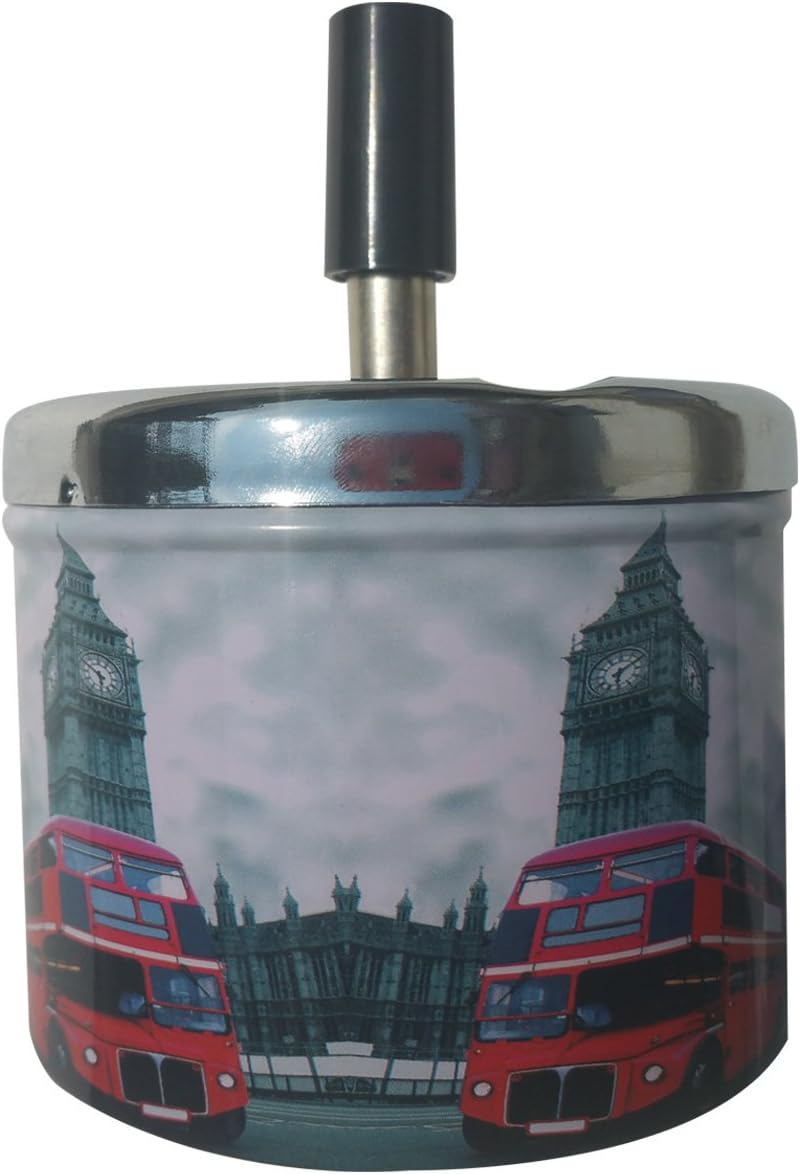 Coralpearl Smokeless Metal Tin Push down Ashtray for Cigarettes Cigars with Spinning Tray Lid Covered Portable Ash Tray Bucket for Home Tabletop,Patio,Sand,Car,Auto,Outdoors,Indoors (British 1)