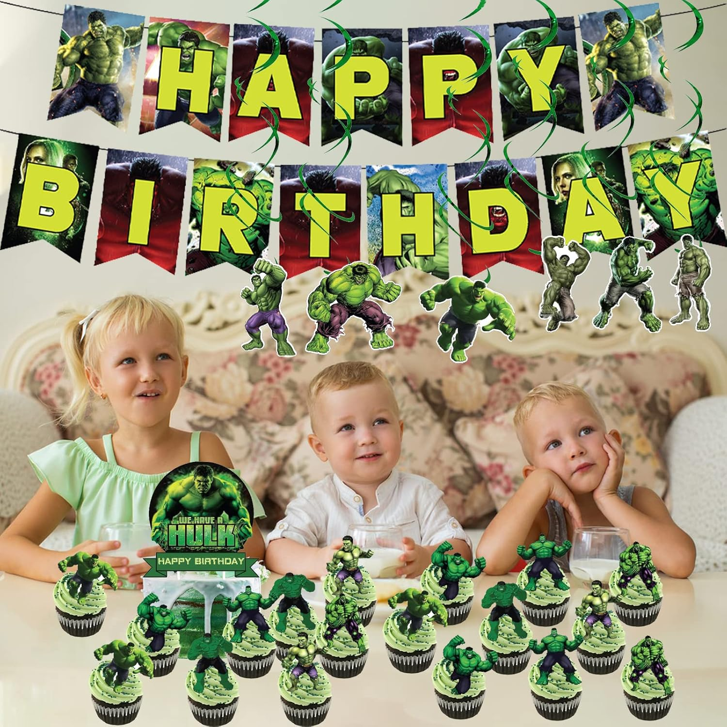 FAMILIO 46 Pcs Hulk Cartoon Party Decoration -Cartoon Character Party Supplies Cartoon Theme Birthday Party Decorations for Kids Adults with Cake Topper for Boys Girls Party image number 1