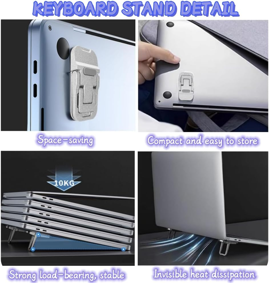 FUNNTY Adjustable Angles Zinc Alloy Mini Foldable Laptop Stand,Portable Computer Keyboard,Self-Adhesive Invisible Notebook Stand and Keyboard Lift for Desk (2Pcs Silver) image number 3