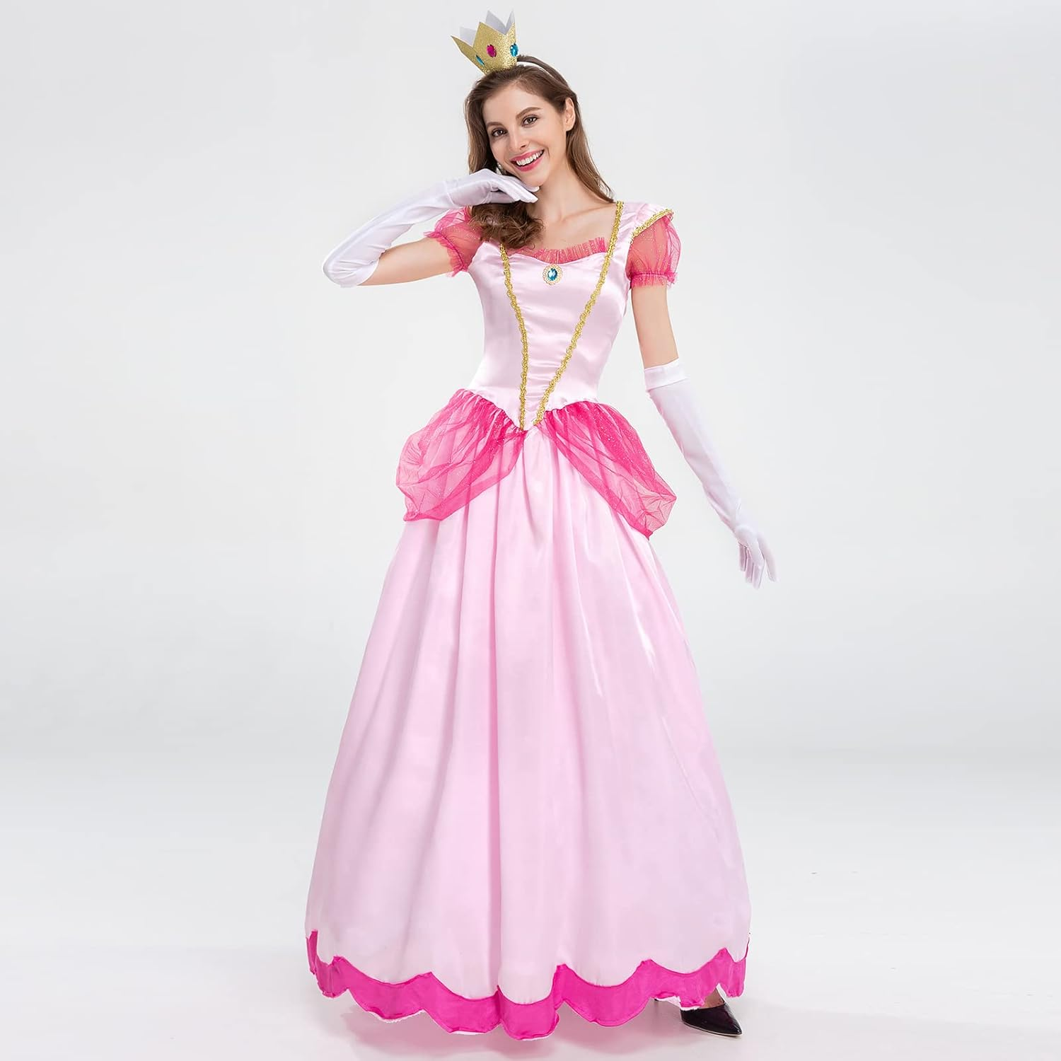 AFAVOM Princess Peach Costume with Crown and Gloves for Adult Women Halloween Birthday Party Dress up Fancy Cosplay Outfit image number 6