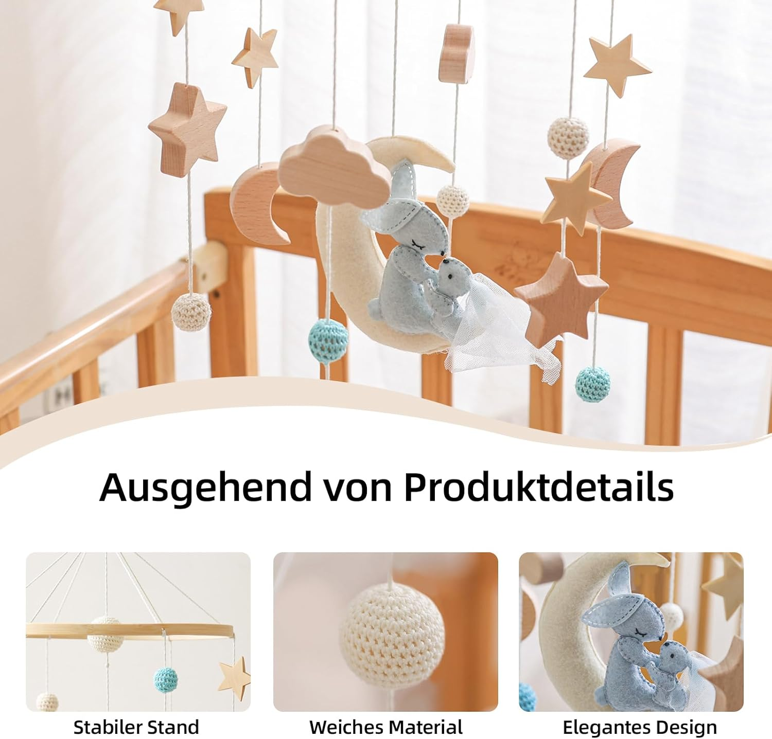 Mobile Baby Moon Rabbit Baby Bed Bell with Stars Clouds Wind Chimes Baby Mobile Cute Baby Room Decoration Newborn Gift for Boys Girls image number 2