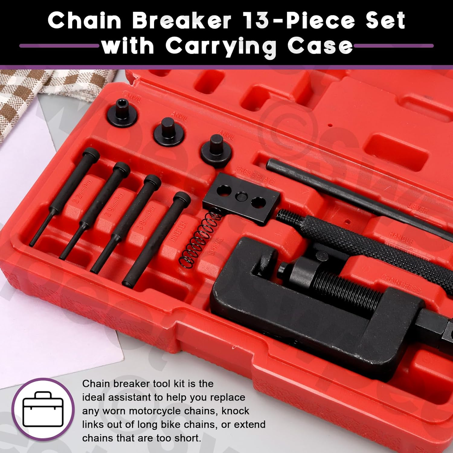 Swpeet 13Pcs Motorcycle Chain Breaker with Carrying Case Assortment Kit, Chain Cutter and Riveter Chain Removal Tool Chain for Motorcycle, Bike, ATV image number 5