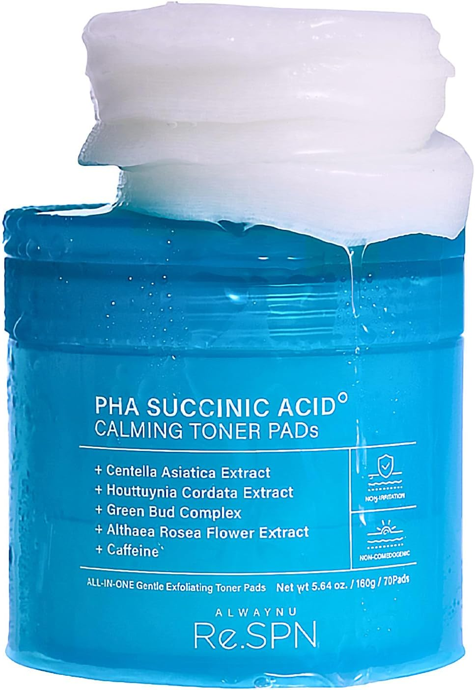 Re.Spn PHA Succinic Acid Calming Toner Pads &ndash; Daily Exfoliating, Hydrating and Soothing with CICA, Caffeine, Non-Comedogenic, Vegan, Glass Skin, K-Beauty (70 Count)