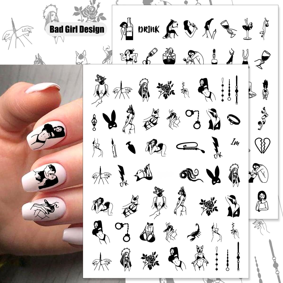 8 Sheets Bad Girl Nail Art Stickers 3D Self Adhesive Stickers Abstract Black White Design Nail Art Supplies Sexy Girls Nail Stickers for Women Girls Graffiti Fun Nail Decoration DIY Manicure Tips