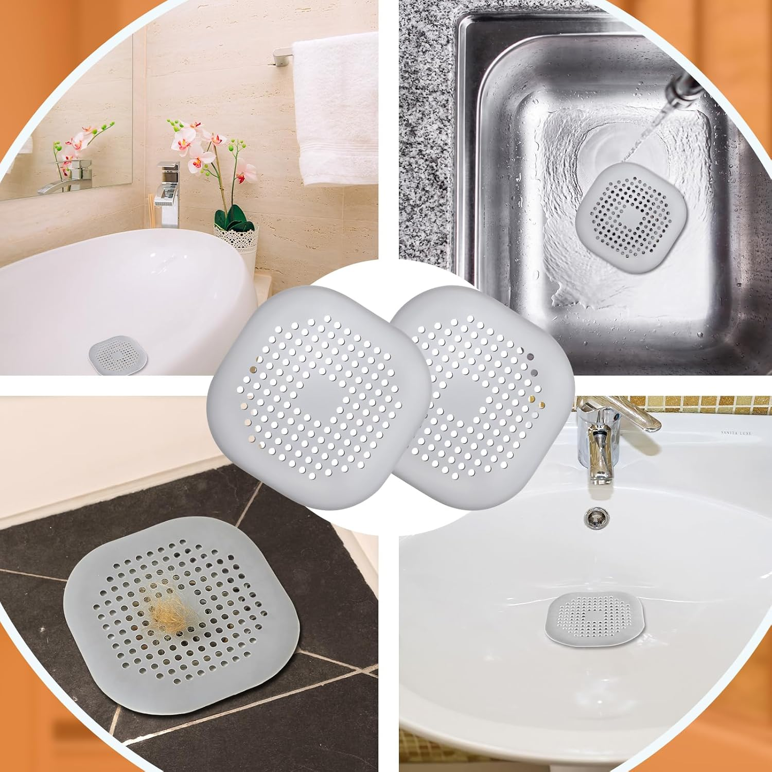 Flutesan 4 Pcs Hair Catchers Square Hair Drain Cover for Shower Bath Plug Sink Catcher Hair Soft Silicone Stopper with Suction Cup Easy to Install for Bathroom Bathtub, Kitchen, Floor Laundry (Gray) image number 4