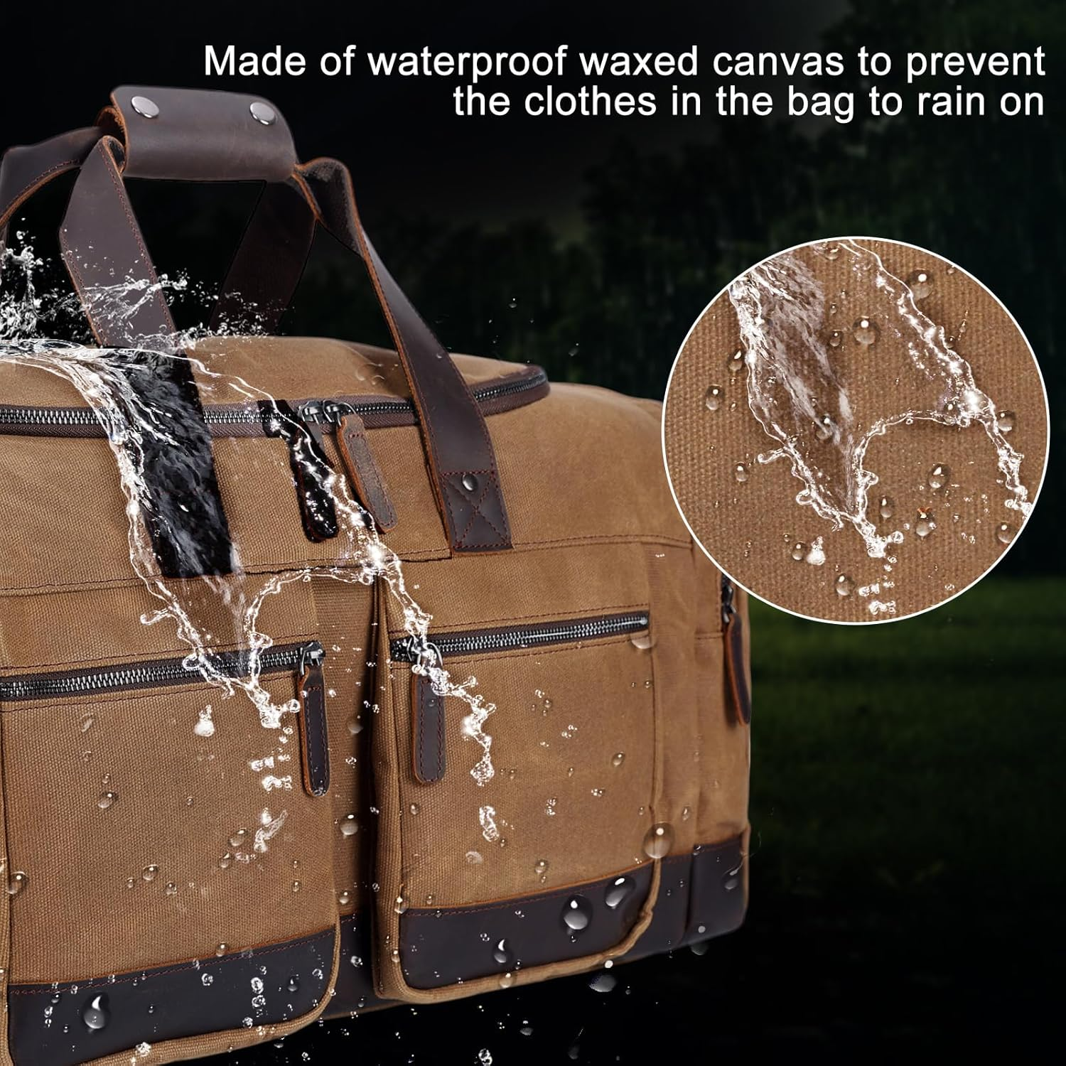 Tiding Men'S Waxed Canvas Cowhide Leather Travel Duffle Bag Waterproof 23 Inch Duffel Bag Weekender Overnight Vintage Travel Hand Bag Carry on Bag image number 2