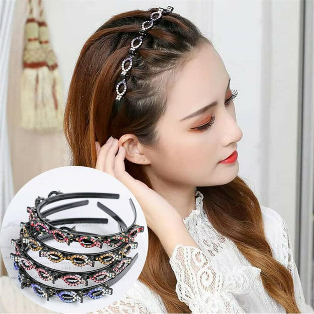 Woven Headband Rhinestone Clip Bangs Double Headband Hollow Braided Hairband (A) image number 3